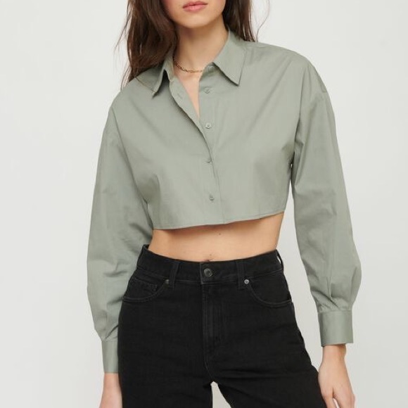 Dynamite Crop Poplin Shirt in Sage Green - Picture 1 of 7